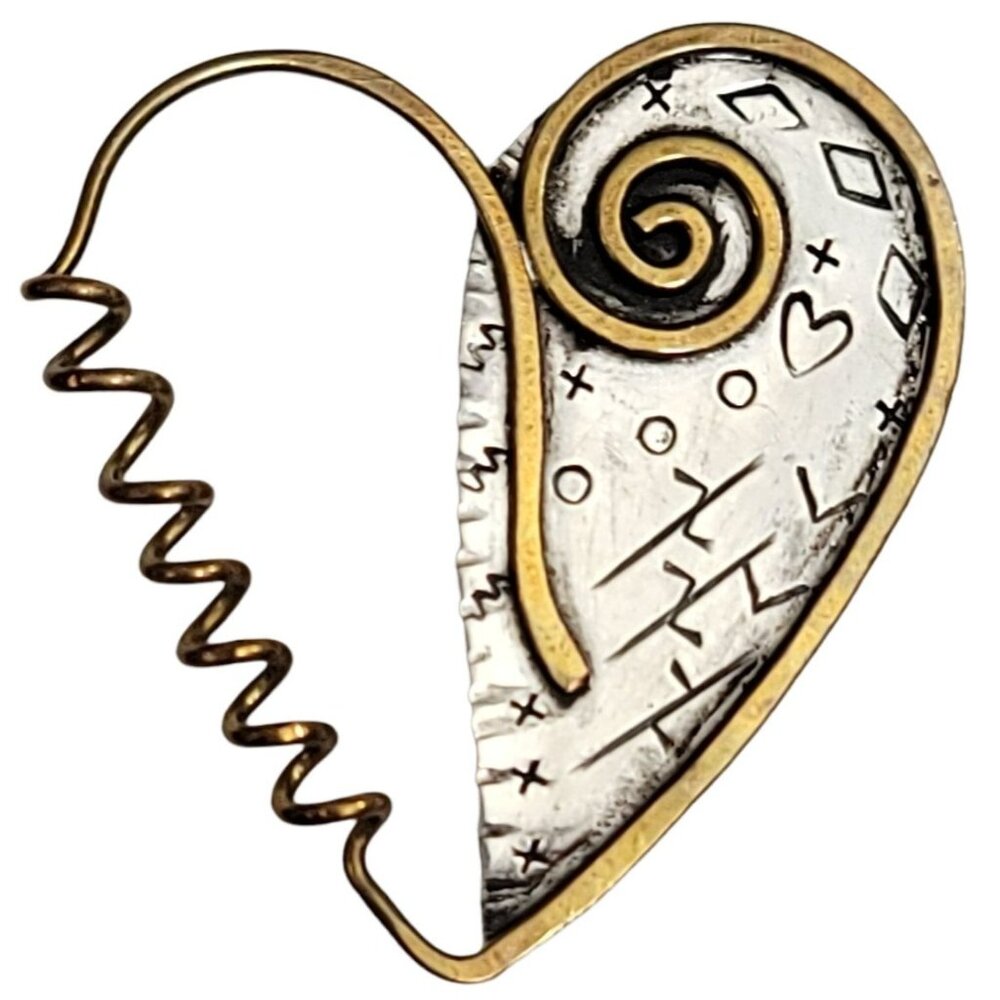 Miller Sterling Silver, Brass Open Heart Modernist Brooch, Signed